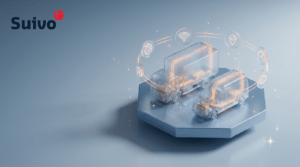 Suivo illustration for fleet technology trends for 2026: a frosted-glass 3D scene on a cool blue-grey background, with an amber registration ring as the focal point.