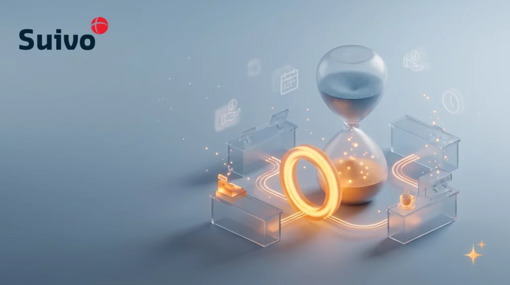 Suivo illustration for flexi-jobs in belgium 2026: a frosted-glass 3D scene on a cool blue-grey background, with an amber registration ring as the focal point.