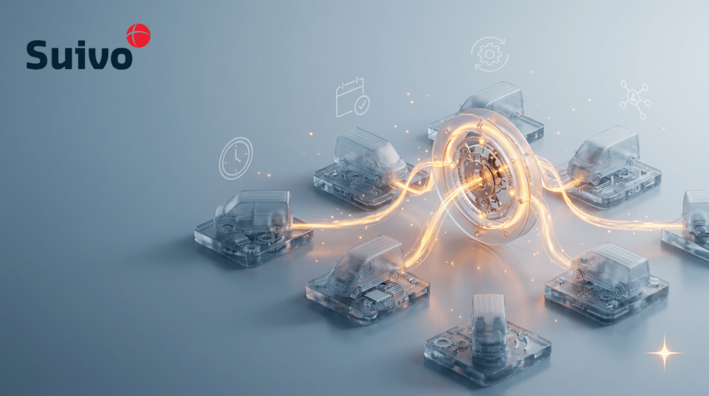 Suivo illustration for how do installation companies use time registration to bill jobs?: a frosted-glass 3D scene on a cool blue-grey background, with an amber registration ring as the focal point.