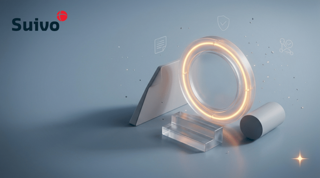Suivo illustration for how do you apply for an a1 verklaring with the svb before working in belgium?: a frosted-glass 3D scene on a cool blue-grey background, with an amber registration ring as the focal point.