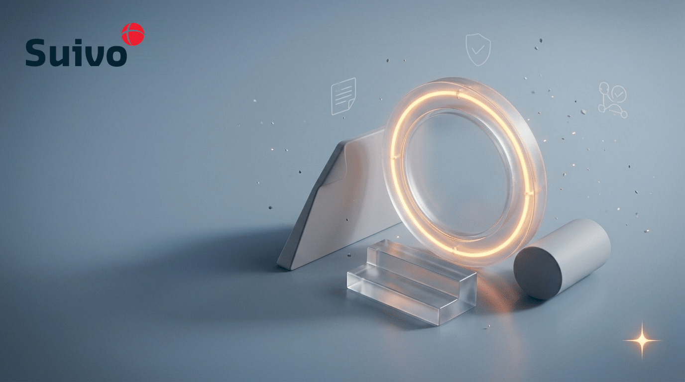 Suivo-illustratie ter verduidelijking van de vraag: hoe vraag je een A1-verklaring aan bij de SVB voordat je in België gaat werken?: een 3D-scène met matglas op een koele blauwgrijze achtergrond, met een amberkleurige registratiering als blikvanger.