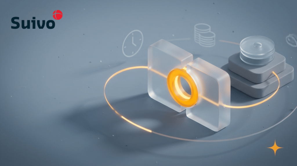 Suivo illustration for how do you connect time registration to your sociaal secretariaat?: a frosted-glass 3D scene on a cool blue-grey background, with an amber registration ring as the focal point.