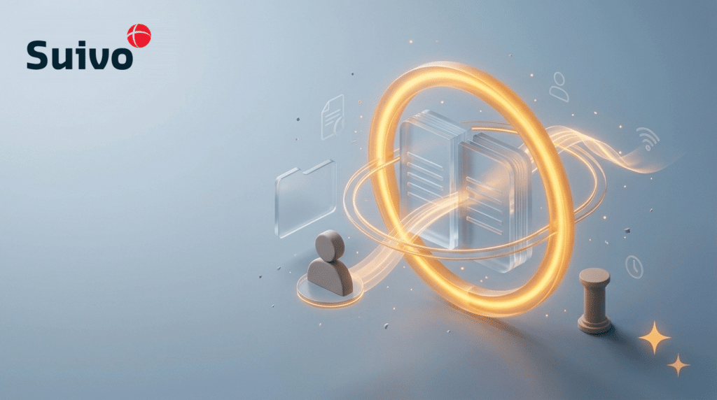 Suivo illustration for how do you file a dimona aangifte as a belgian or foreign employer?: a frosted-glass 3D scene on a cool blue-grey background, with an amber registration ring as the focal point.