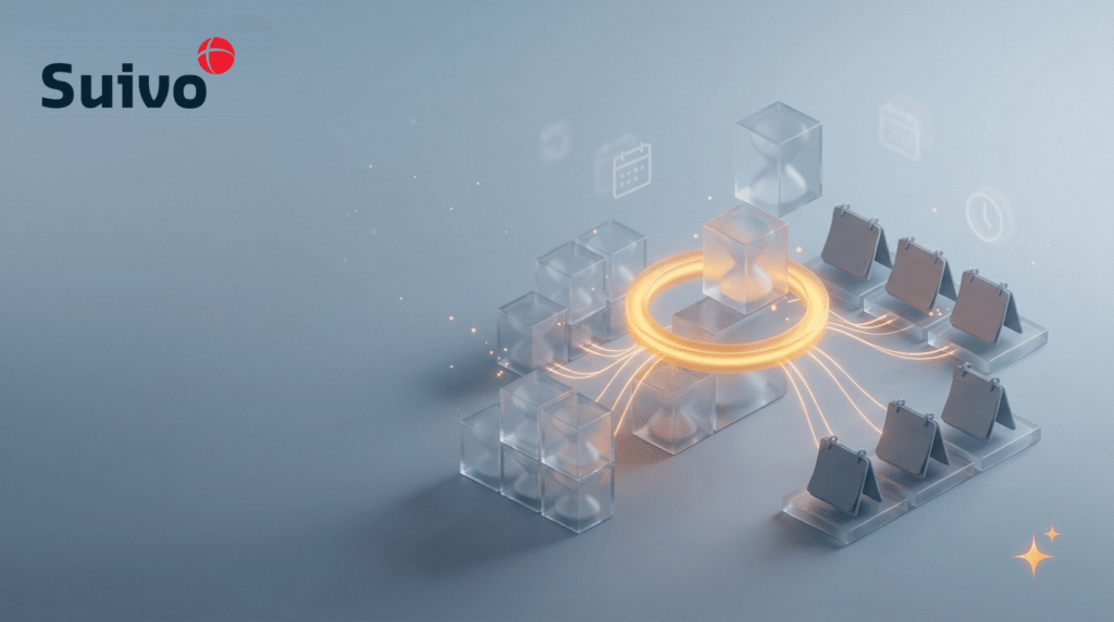 Suivo illustration for what are adv dagen in belgium, and how do you record them?: a frosted-glass 3D scene on a cool blue-grey background, with an amber registration ring as the focal point.