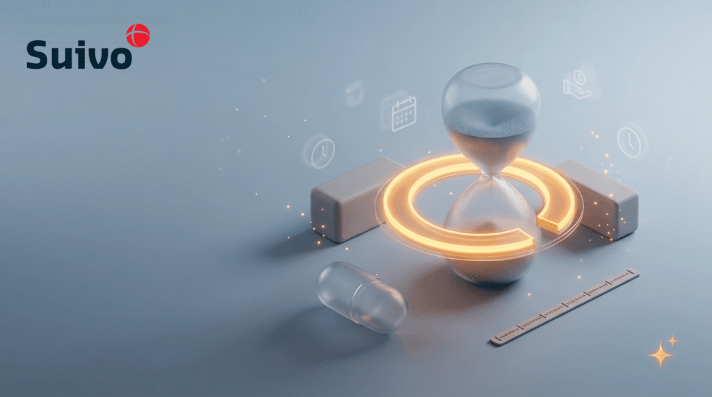 Suivo illustration for what does the arbeidstijdenwet require from employers with field staff?: a frosted-glass 3D scene on a cool blue-grey background, with an amber registration ring as the focal point.