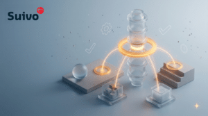 Suivo illustration for what is the inhoudingsplicht, and what must you check before paying a subcontractor?: a frosted-glass 3D scene on a cool blue-grey background, with an amber registration ring as the focal point.