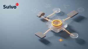 Suivo illustration for which inkloksysteem fits field teams in the netherlands: a frosted-glass 3D scene on a cool blue-grey background, with an amber registration ring as the focal point.