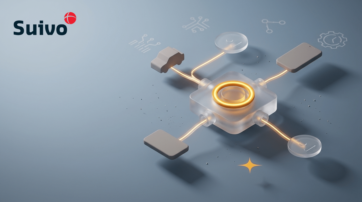 Suivo illustration for which inkloksysteem fits field teams in the netherlands: a frosted-glass 3D scene on a cool blue-grey background, with an amber registration ring as the focal point.