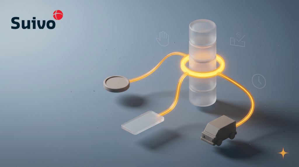 Een illustratie van Suivo waarin prikklok perfect past bij een bouwteam in België: een 3D-tafereel van matglas tegen een koele blauwgrijze achtergrond, met een amberkleurige registratiering als blikvanger.
