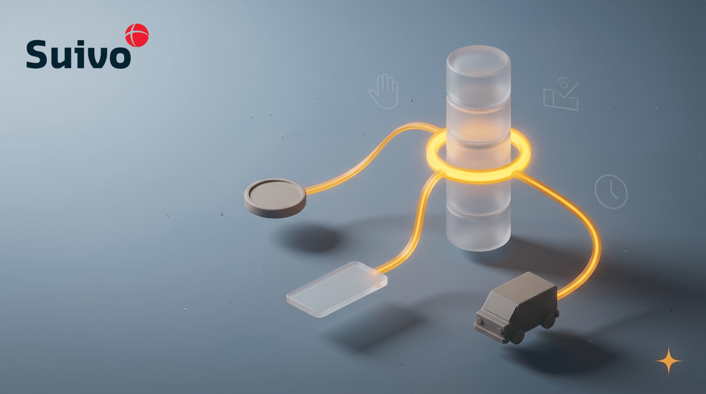 Een illustratie van Suivo waarin prikklok perfect past bij een bouwteam in België: een 3D-tafereel van matglas tegen een koele blauwgrijze achtergrond, met een amberkleurige registratiering als blikvanger.