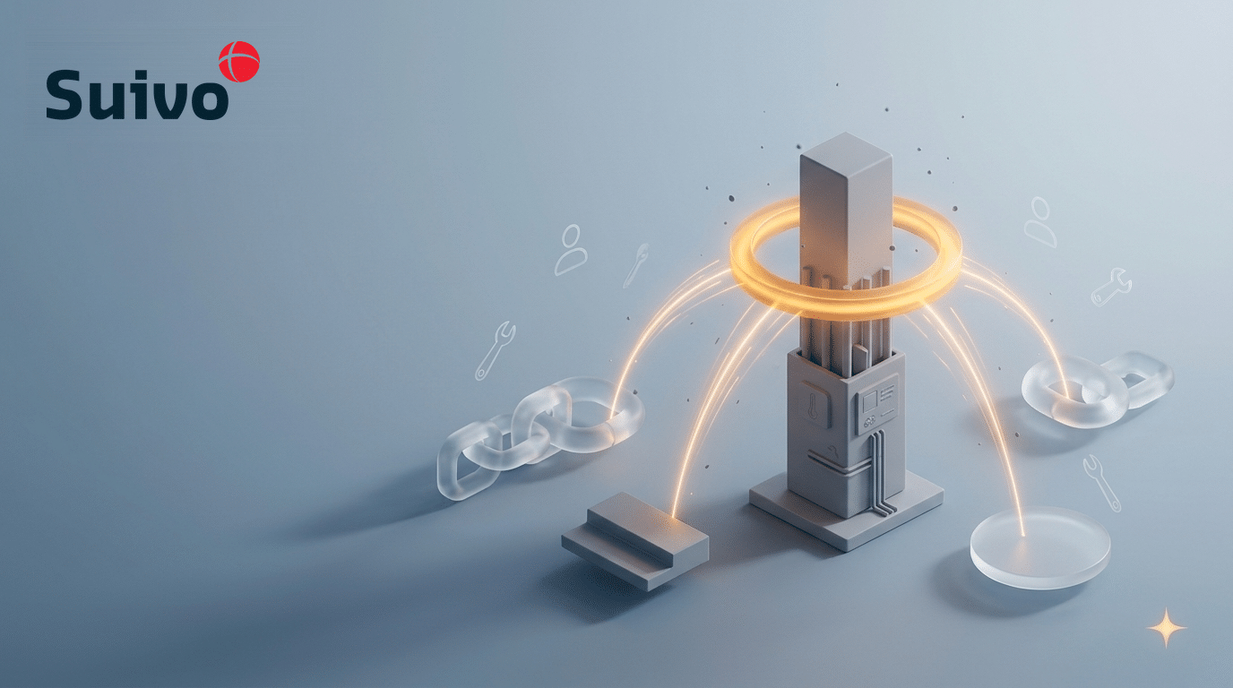 Suivo-illustratie die laat zien wie in België een werfmelding moet indienen, en hoe dit verband houdt met Check-in-at-Work: een 3D-scène met matglas op een koele blauwgrijze achtergrond, met een amberkleurige registratiering als blikvanger.